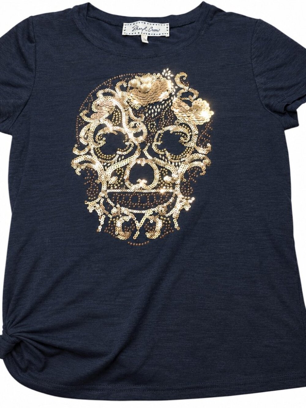 Sheryl Crow Gold Sequin Sugar Skull Graphic T-Shirt Women's XS